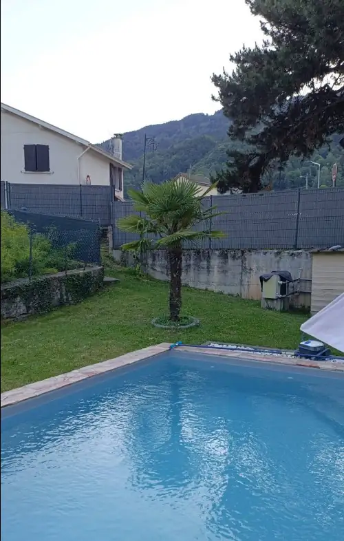 Pelouse tondue autour d'une piscine, palmier et montagnes au loin